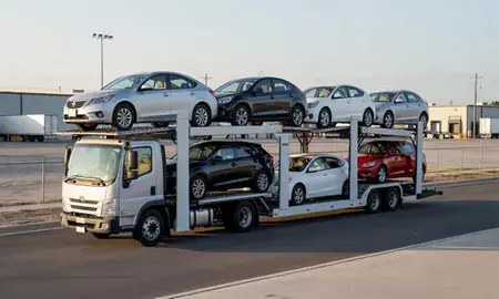 Car transporter loaded with vehicles in Lakeland, Florida, United States