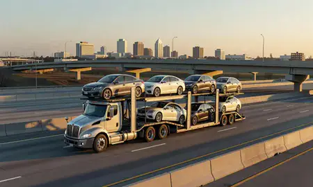 Car transporter with the Lakeland, Florida, United States skyline behind it