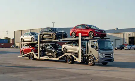 Car transporter loaded with vehicles in Leesburg, Florida, United States
