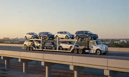 Car transporter with the Leesburg, Florida, United States skyline behind it