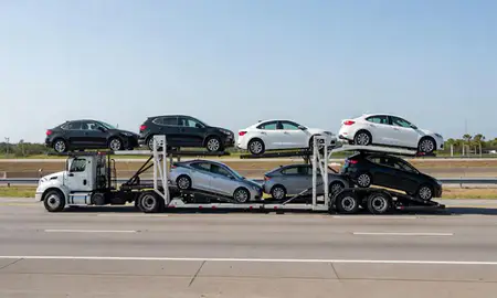 Multi-level car carrier on the highway to Lehigh Acres, Florida, United States