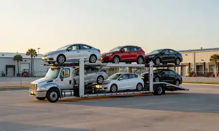Car transporter loaded with vehicles in Lehigh Acres, Florida, United States