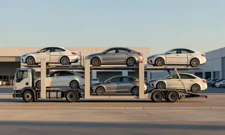 Car transporter parked in an industrial area of Miami, Florida, United States