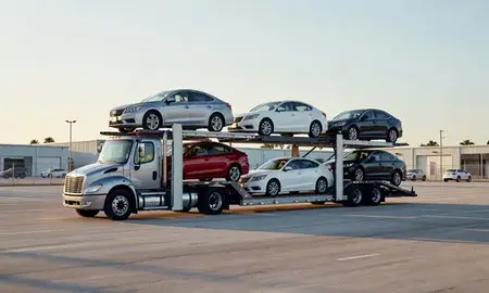 Car transporter loaded with vehicles in Miami, Florida, United States