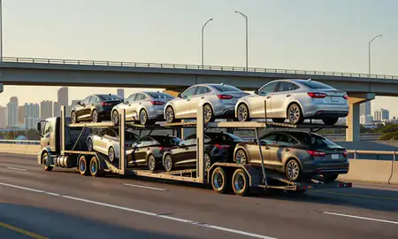 Car transporter with the Miami, Florida, United States skyline behind it