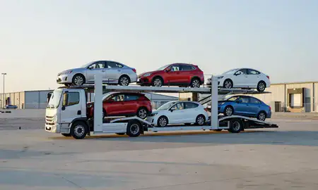 Car transporter loaded with vehicles in Miramar, Florida, United States