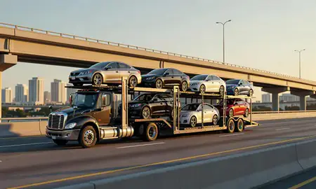 Car transporter with the Miramar, Florida, United States skyline behind it