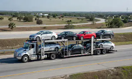 Multi-level car carrier on the highway to Ocala, Florida, United States