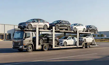 Car transporter loaded with vehicles in Ocala, Florida, United States