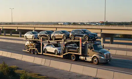 Car transporter with the Ocala, Florida, United States skyline behind it
