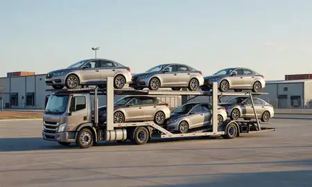 Car transporter loaded with vehicles in Orlando, Florida, United States