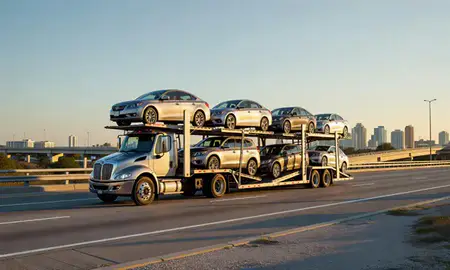 Car transporter with the Orlando, Florida, United States skyline behind it