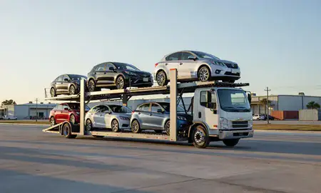Car transporter loaded with vehicles in Palm Bay, Florida, United States