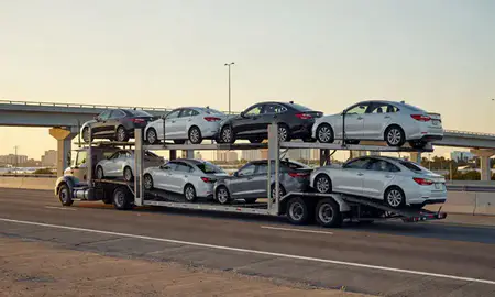 Car transporter with the Palm Bay, Florida, United States skyline behind it