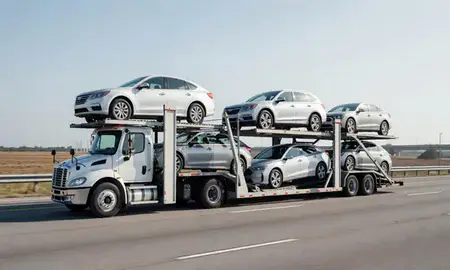Multi-level car carrier on the highway to Panama City, Florida, United States