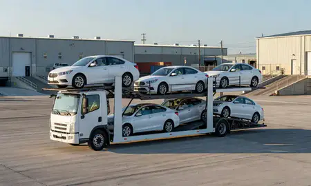 Car transporter loaded with vehicles in Panama City, Florida, United States