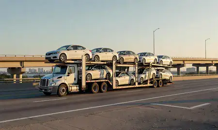 Car transporter with the Panama City, Florida, United States skyline behind it