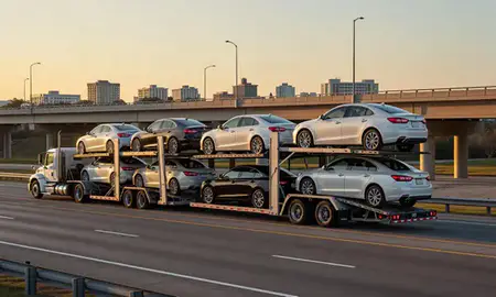 Car transporter with the Pembroke Pines, Florida, United States skyline behind it