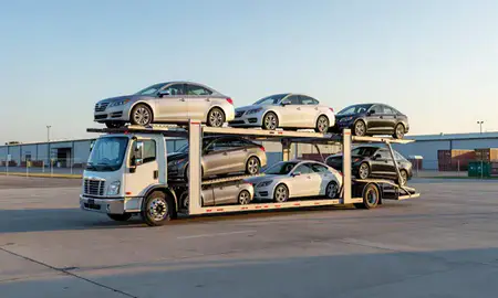 Car transporter loaded with vehicles in Pensacola, Florida, United States