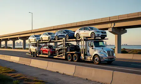 Car transporter with the Pensacola, Florida, United States skyline behind it