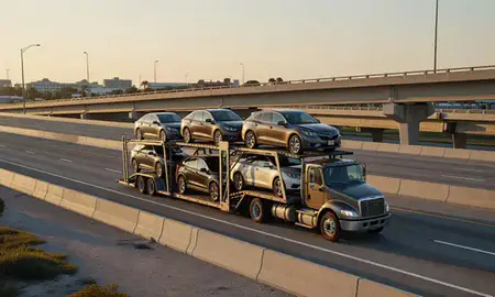 Car transporter with the Port St. Lucie, Florida, United States skyline behind it
