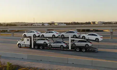 Car transporter with the Spring Hill, Florida, United States skyline behind it