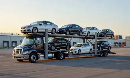 Car transporter loaded with vehicles in St. Petersburg, Florida, United States