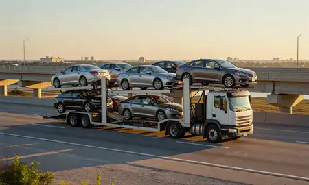 Car transporter with the St. Petersburg, Florida, United States skyline behind it