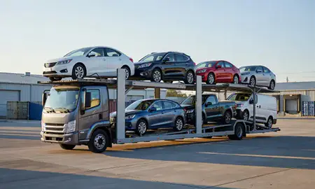 Car transporter loaded with vehicles in Tallahassee, Florida, United States