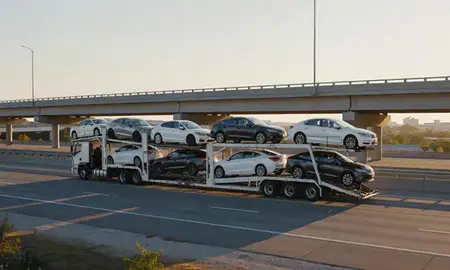 Car transporter with the Tallahassee, Florida, United States skyline behind it