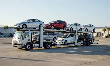 Car transporter loaded with vehicles in Tampa, Florida, United States
