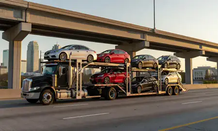 Car transporter with the Tampa, Florida, United States skyline behind it