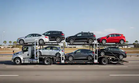 Multi-level car carrier on the highway to West Palm Beach, Florida, United States