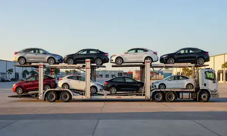 Car transporter parked in an industrial area of West Palm Beach, Florida, United States