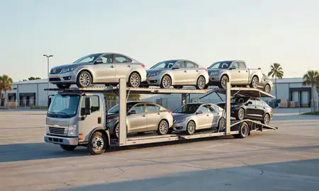 Car transporter loaded with vehicles in West Palm Beach, Florida, United States