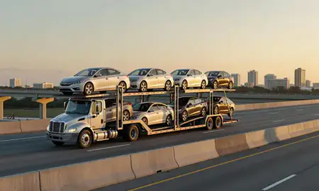 Car transporter with the West Palm Beach, Florida, United States skyline behind it