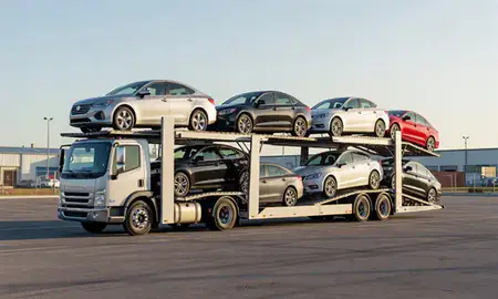 Car transporter loaded with vehicles in Winter Haven, Florida, United States