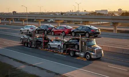 Car transporter with the Winter Haven, Florida, United States skyline behind it