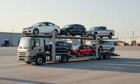 Car transporter loaded with vehicles in Georgia, United States