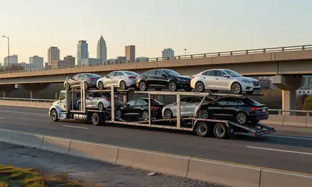 Car transporter with the Georgia, United States skyline behind it