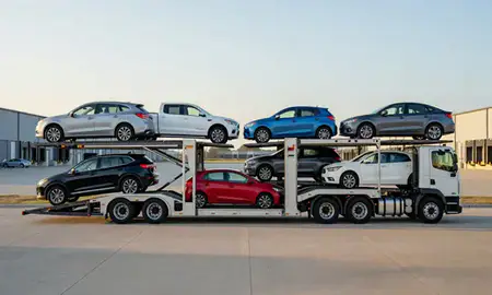 Car transporter parked in an industrial area of Albany, Georgia, United States