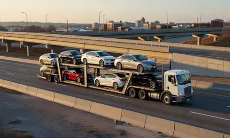 Car transporter with the Albany, Georgia, United States skyline behind it
