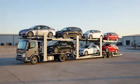 Car transporter loaded with vehicles in Alpharetta, Georgia, United States