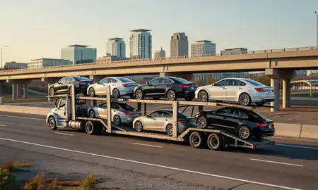 Car transporter with the Alpharetta, Georgia, United States skyline behind it