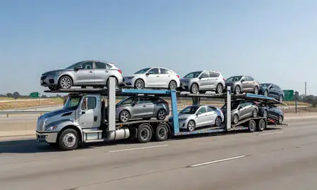 Multi-level car carrier on the highway to Athens, Georgia, United States