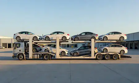 Car transporter parked in an industrial area of Athens, Georgia, United States