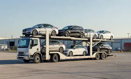 Car transporter loaded with vehicles in Athens, Georgia, United States