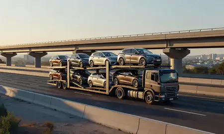 Car transporter with the Athens, Georgia, United States skyline behind it