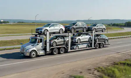 Multi-level car carrier on the highway to Atlanta, Georgia, United States