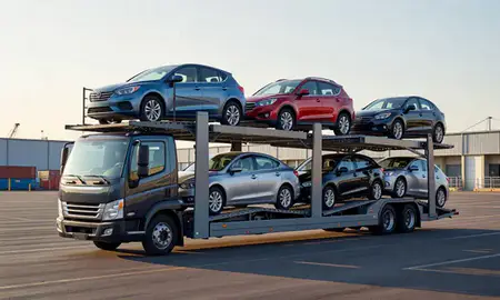 Car transporter loaded with vehicles in Atlanta, Georgia, United States